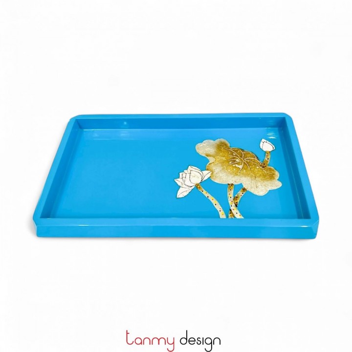 Khay sơn mài chữ nhật vát góc xanh vẽ sen  19*30*H2cm
